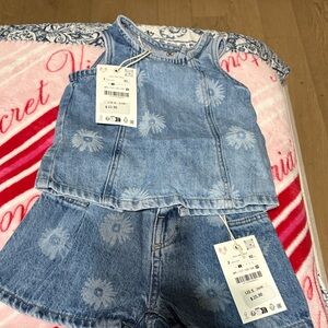 Zara Light Blue Denim Sunflower-Print Shorts
